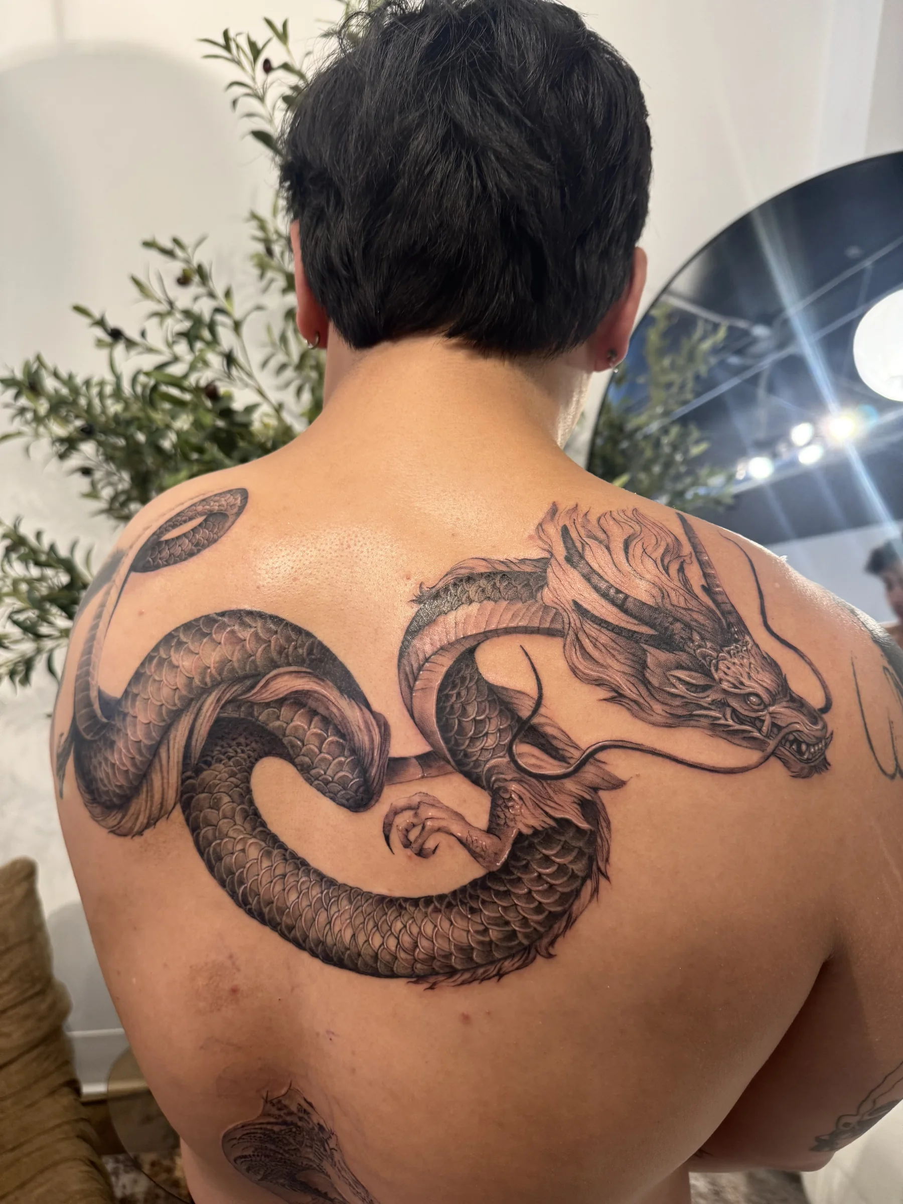 Dragon and snake tattoo across the upper back