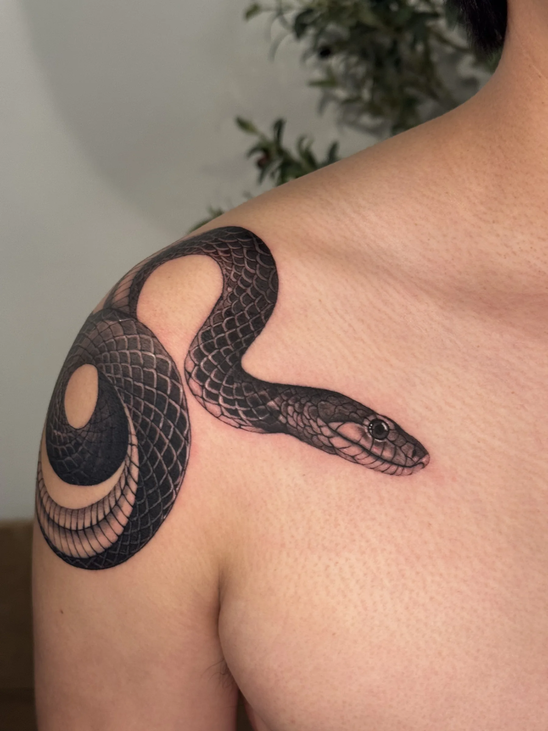 Snake tattoo curling over a shoulder